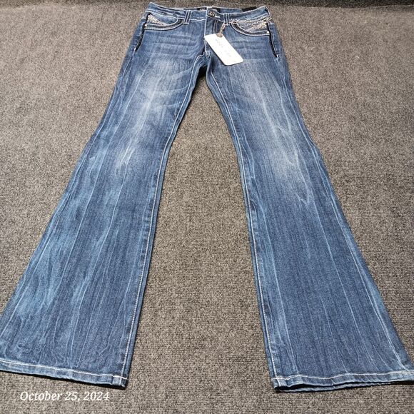 NWT Cello Jeans Women 5 Blue Bootcut Heavy Embellished Stretch Whiskered Pants - Picture 4 of 13